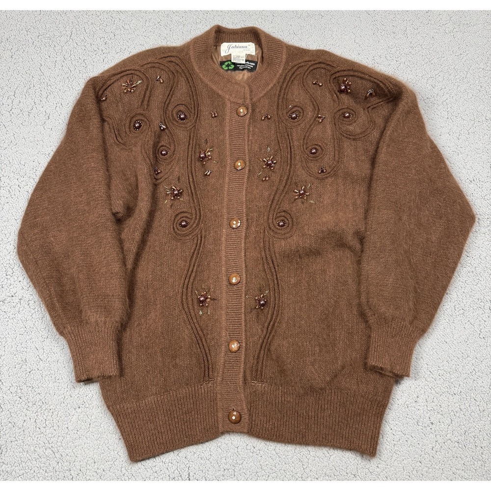Vintage Jubiana Sweater Womens XL Brown Angora Beaded Cardigan Hong Kong 90s
